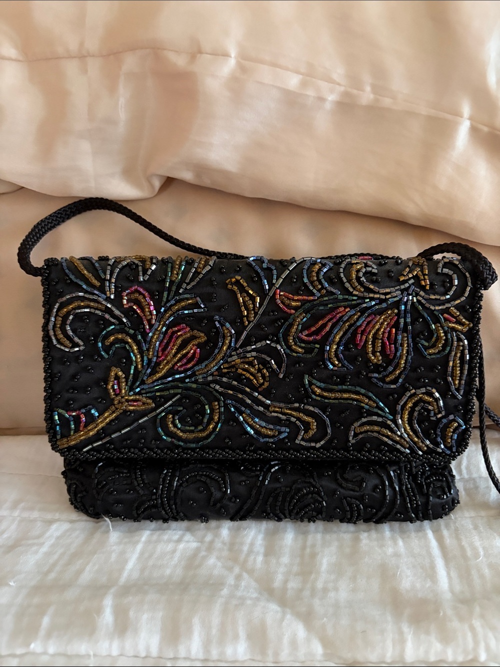 Source Unknown Black Beaded Clutch with Multicolor Embroidery